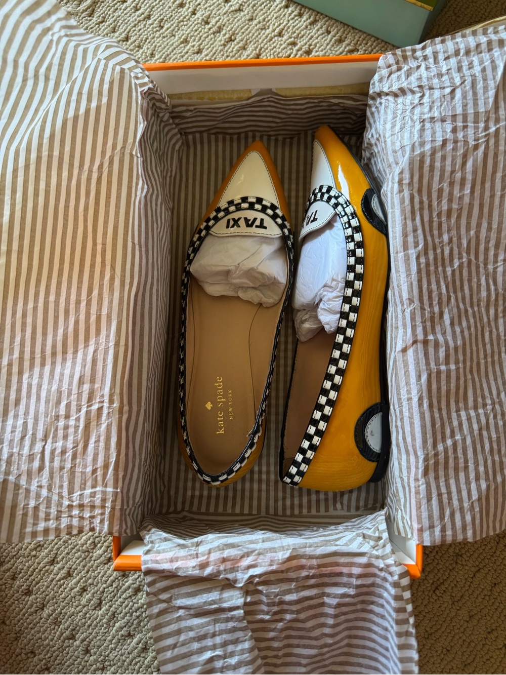 kate spade quirky Yellow Patent Leather Taxi-Inspired Pointed Loafers